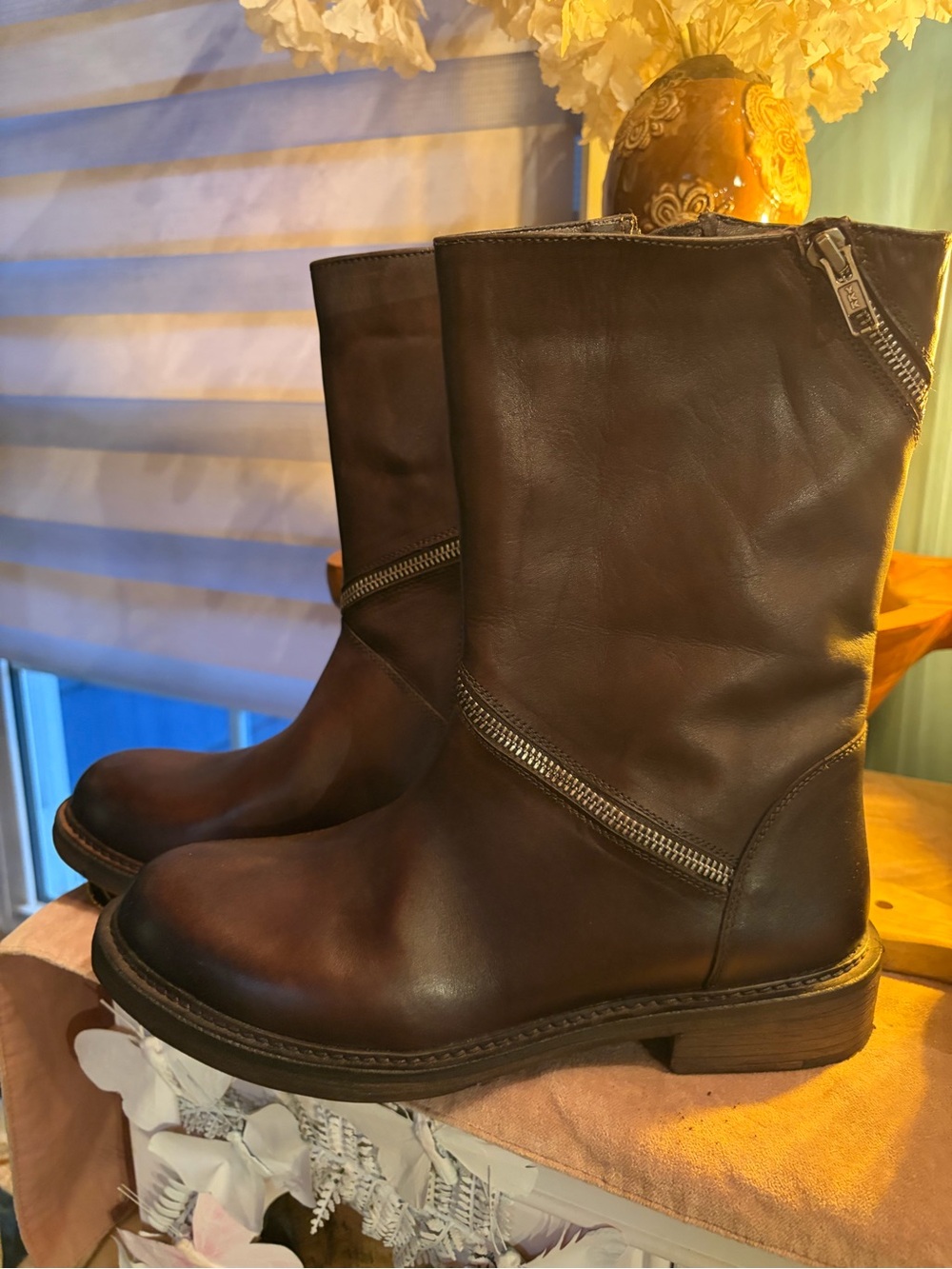 Women's Brown Leather Mid-Calf Zip Ankle Boots